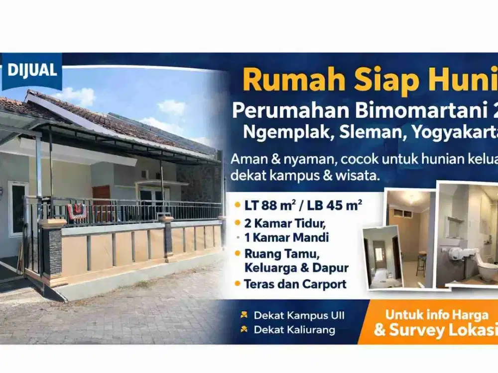 Rumah Siap Huni 2KT di Bimomartani Ngemplak Sleman – Dekat UII & Kaliurang, Perumahan Aman Berportal
