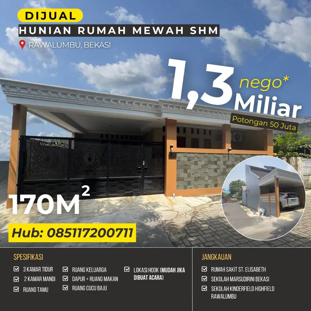 DISKON Rumah Hook SHM Rawalumbu Bekasi — 170m², 3 KT