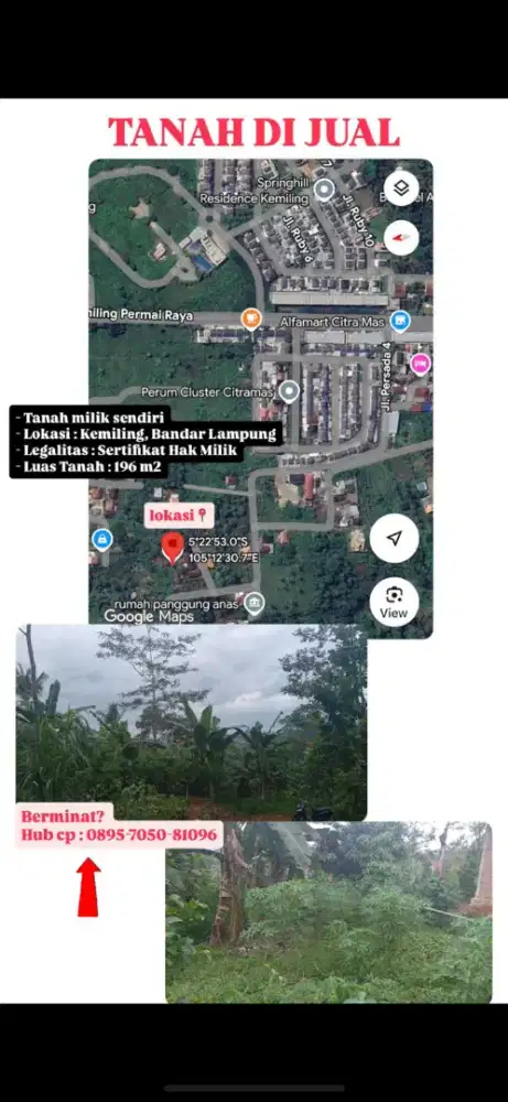 DIJUAL TANAH DI KEMILING JUAL KARNA BU