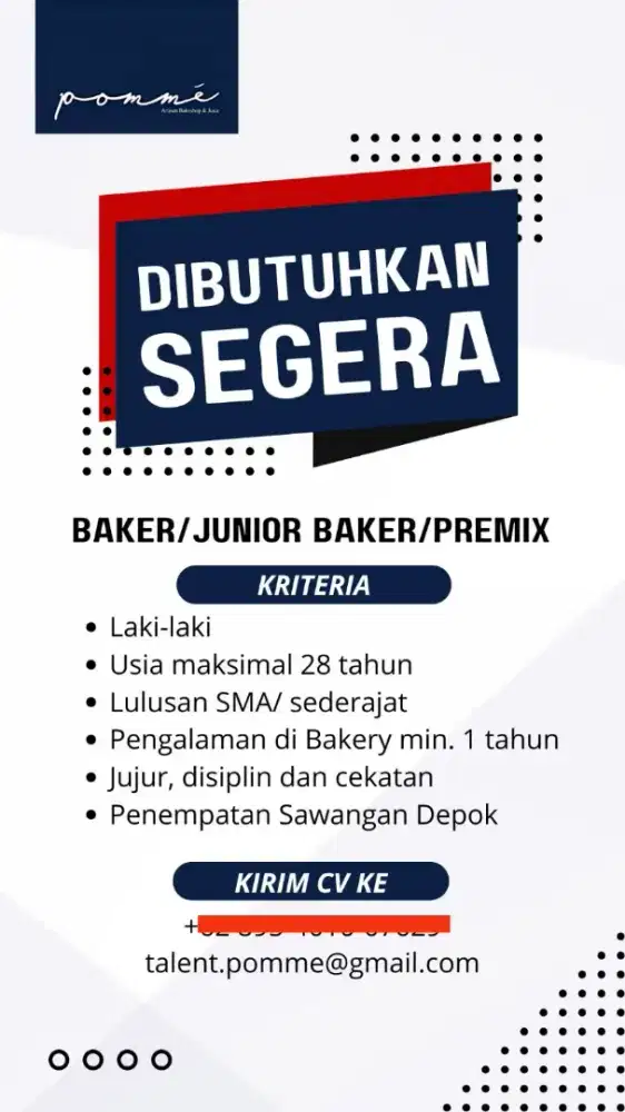 Dibutuhkan segera JUNIOR BAKER