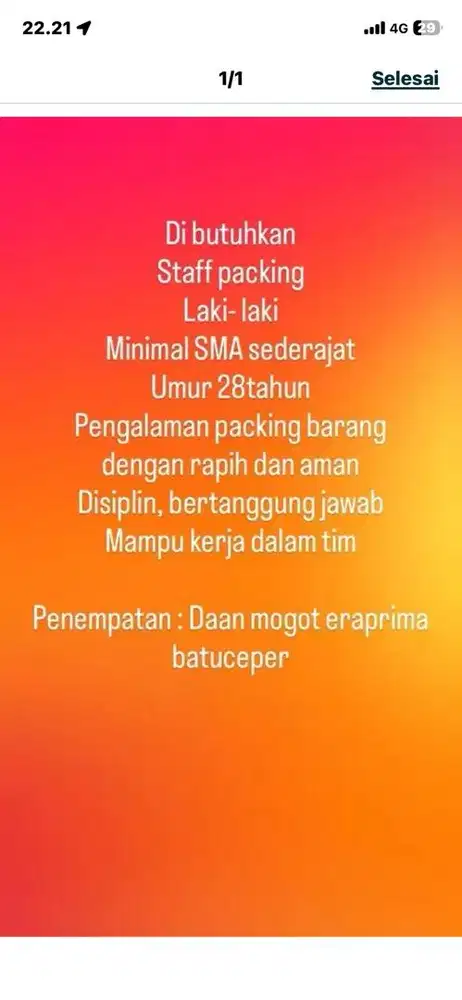 Di butuhkan staff packing