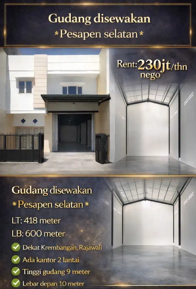DISEWAKAN GUDANG PESAPEN SELATAN SUPER STRATEGIS! LOKASI LUAS!