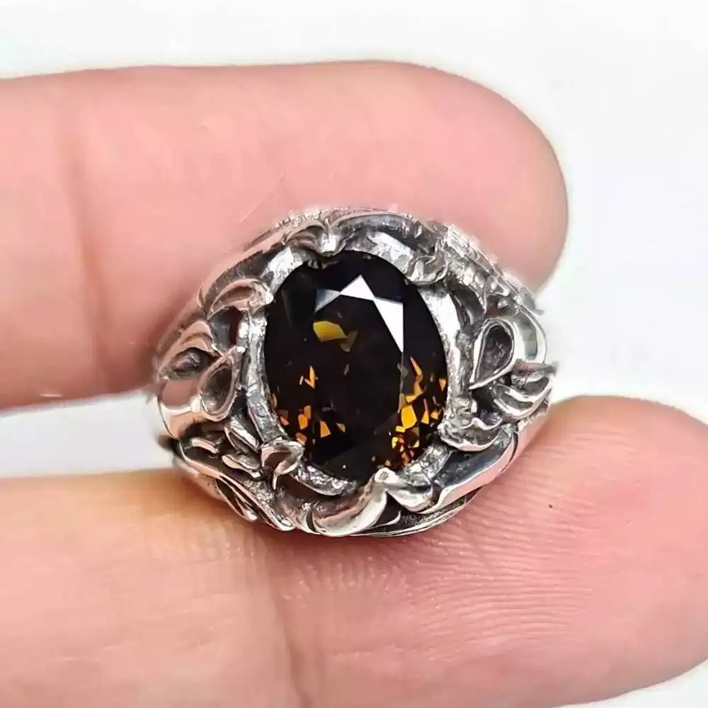 Natural 4.48 CT Tourmaline Mens Silver Ring Perak Ukiran Bambu