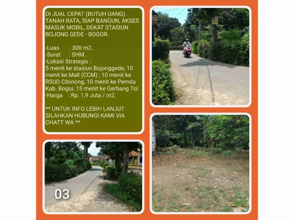 Tanah Murah Strategis 300 m²  SHM Dekat Stasiun Bojonggede-Bogor.