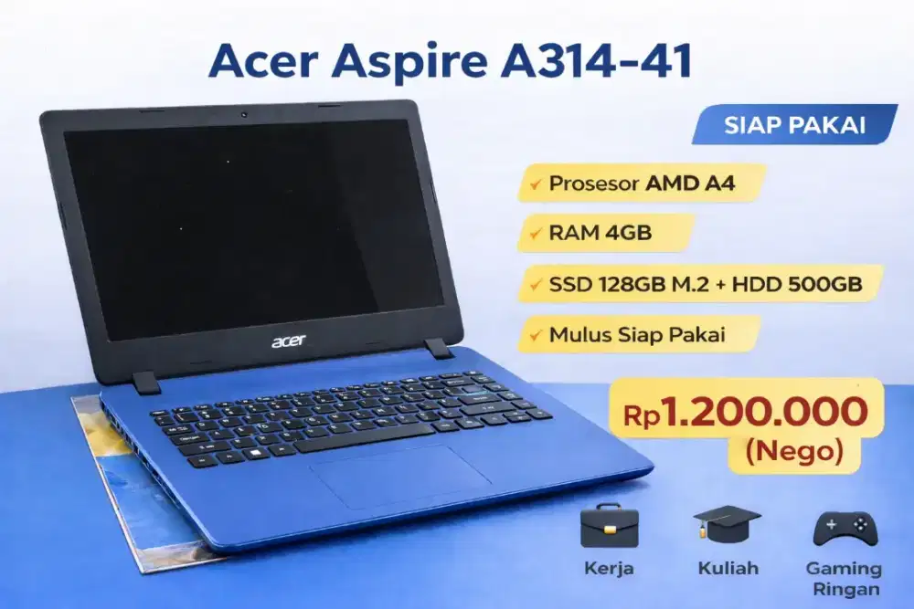 Laptop acer a314-41 amd a4 ssd m2 128 storage hdd 500gb, ram 4gb
