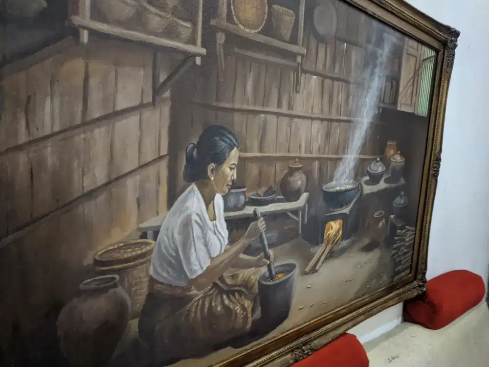 Lukisan kanvas simbok masak karya seniman lokal_frame kayu melamin