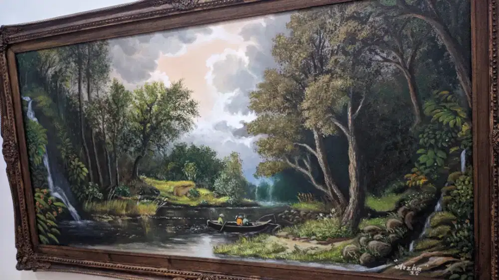 Lukisan kanvas pemandangan alam sungai ilustrasi karya seniman lokal