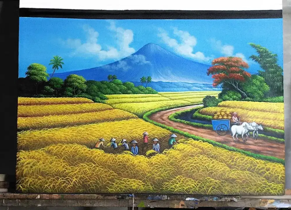 Dijual lukisan kanvas panen padi 90x130 cm