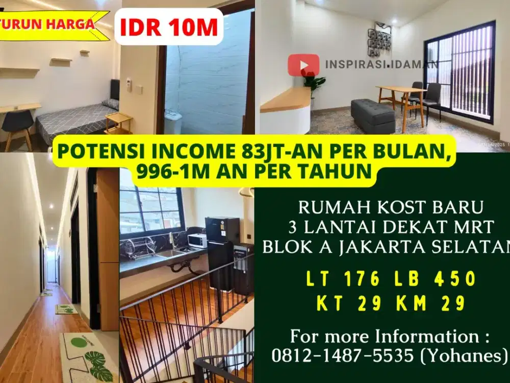 Rumah Kost Baru 29 Kamar dekat MRT Blok A Kebayoran Baru