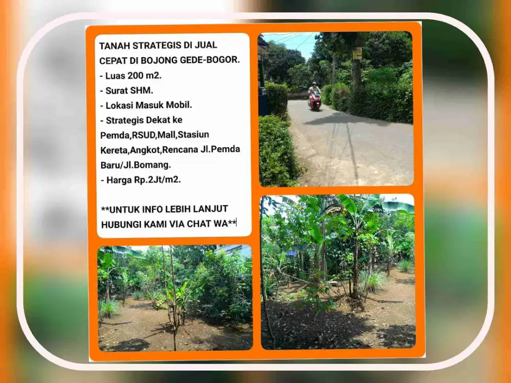 Tanah Akses masuk mobil Jalan Cor Bagus 200m2 SHM 5 menit ke stasiun KRL Bojonggede-Bogor.