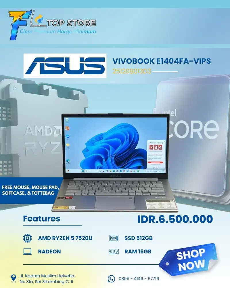LAPTOP ASUS VIVOBOOK E1404FA-VIPS FHD-IPS RYZEN 5 7520U RAM 16GB SSD 5