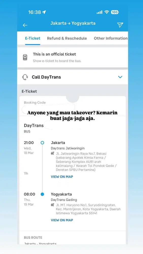 Tiket daytrans jkt-jogja 18 maret