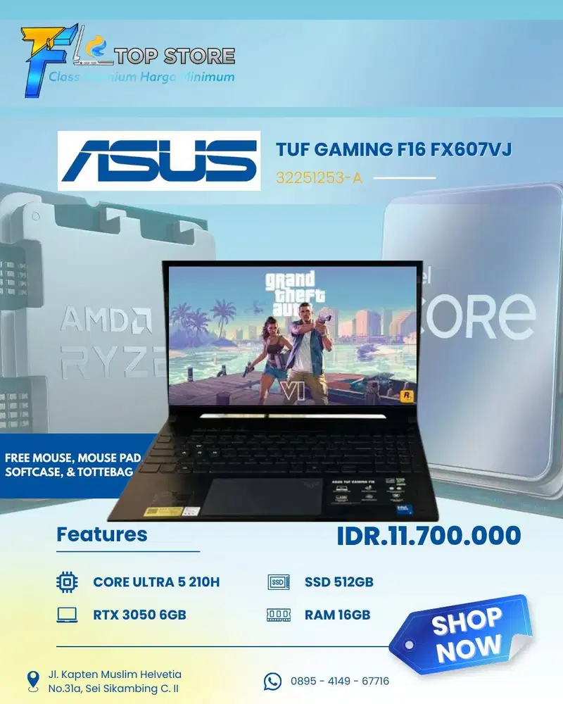LAPTOP ASUS TUF GAMING F16 FX607VJ | CORE ULTRA 5210H RTX 3050 6GB | S
