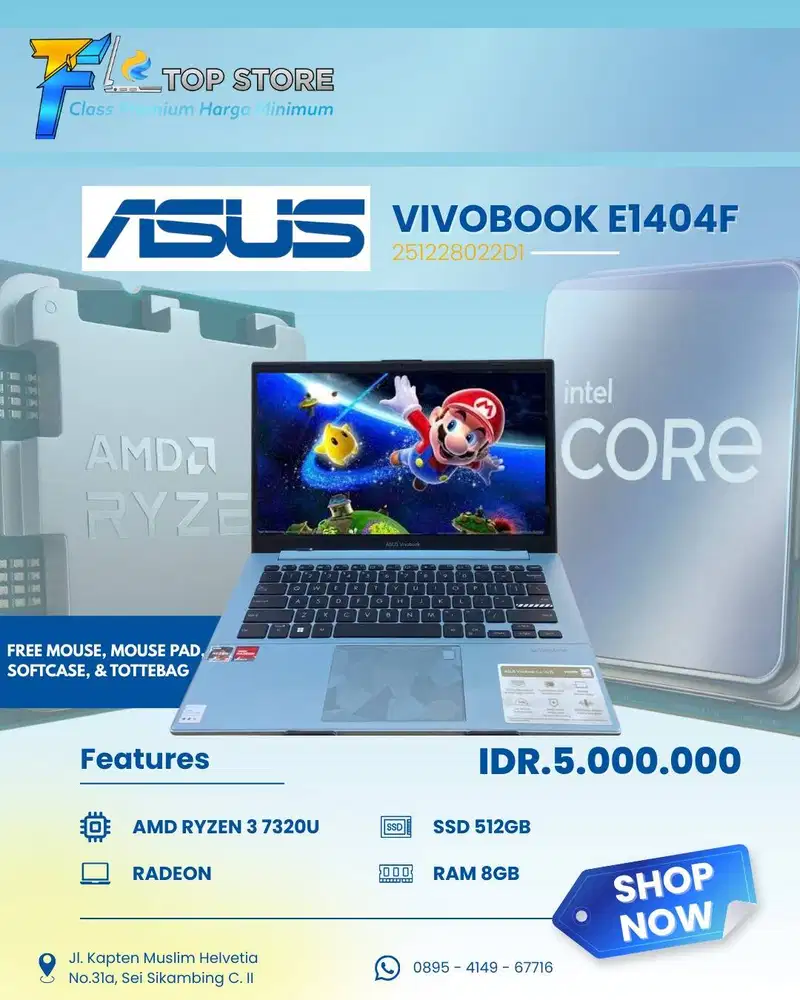 LAPTOP ASUS VIVOBOOK E1404F | RYZEN 3-7320U INTEGRATED | SSD 512GB RAM
