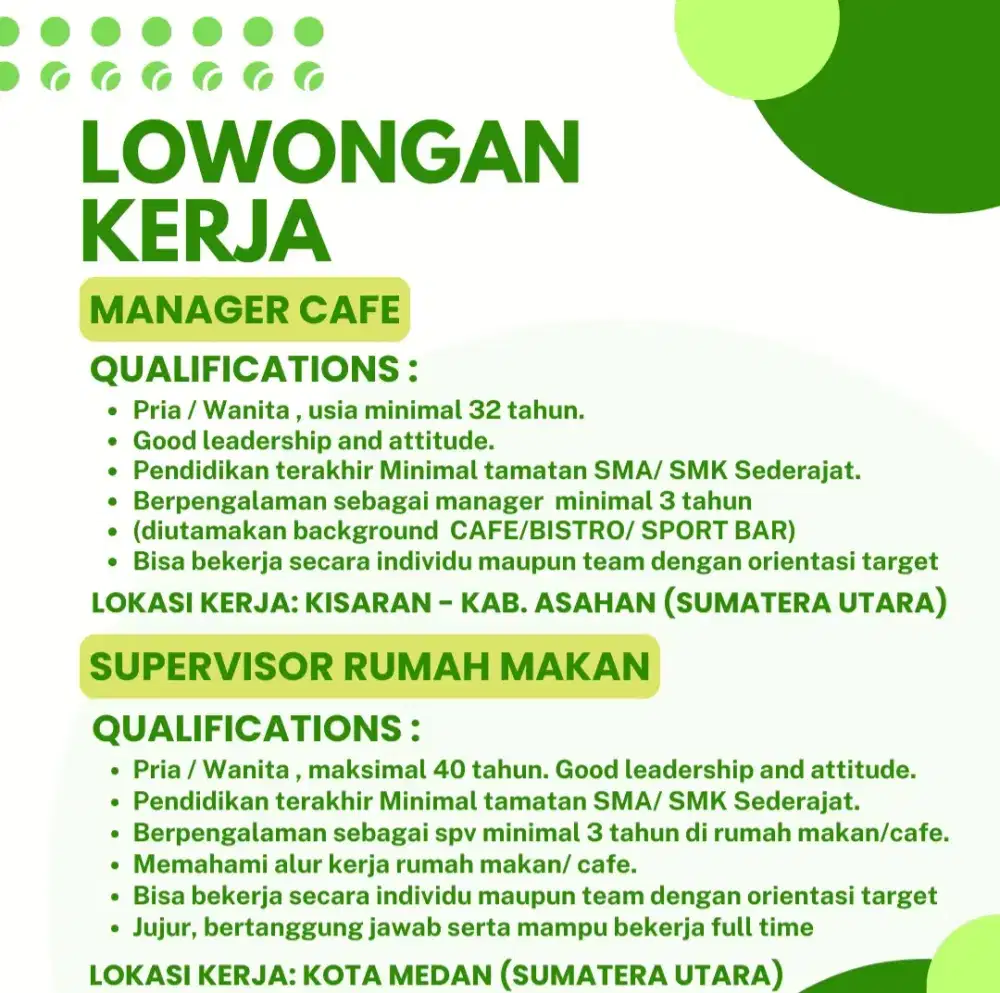 Di butuhkan manager atau supervisor untuk rumah makan konsep warkop