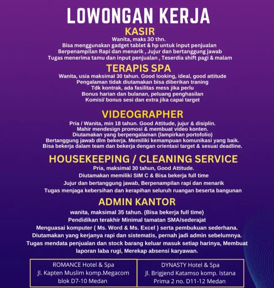 Dibutuhkan admin kantor, kasir, cleaning service dan terapis untuk spa