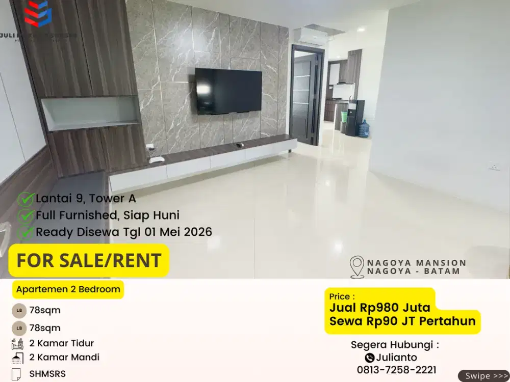Dijual Apartemen 2Bedroom Full Furnished di Nagoya Mansion Batam