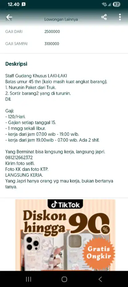 Di butuhkan laki laki segera yang serius mau kerja