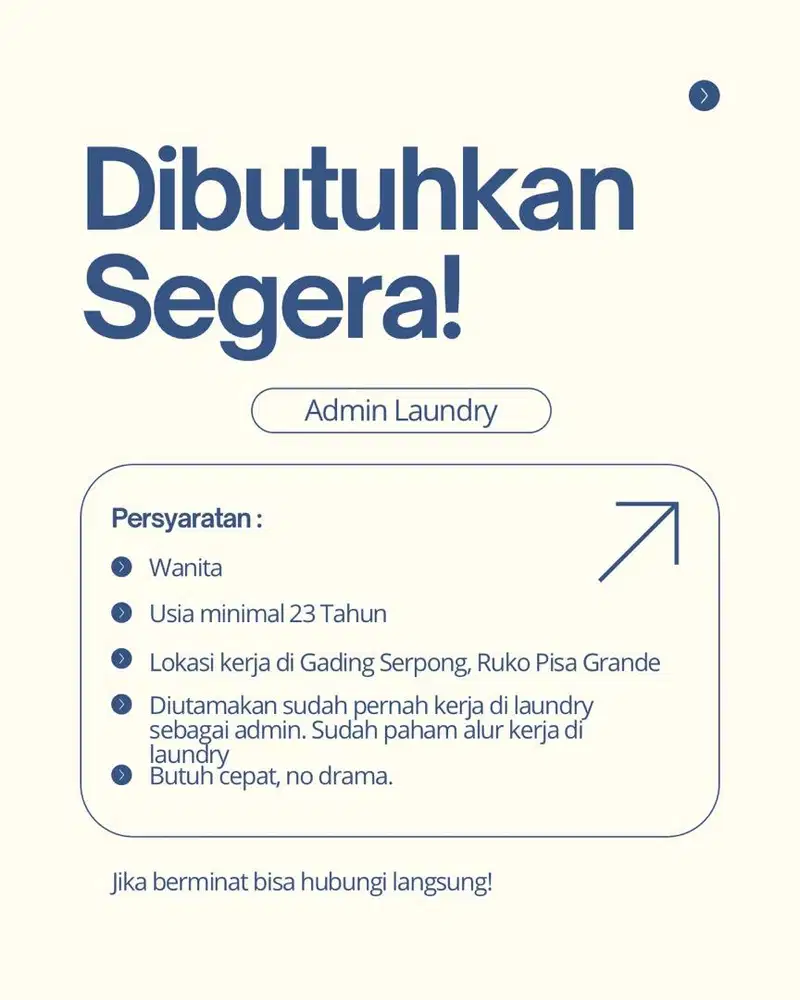 Dibutuhkan cepat admin kasir laundry! Siap kerja