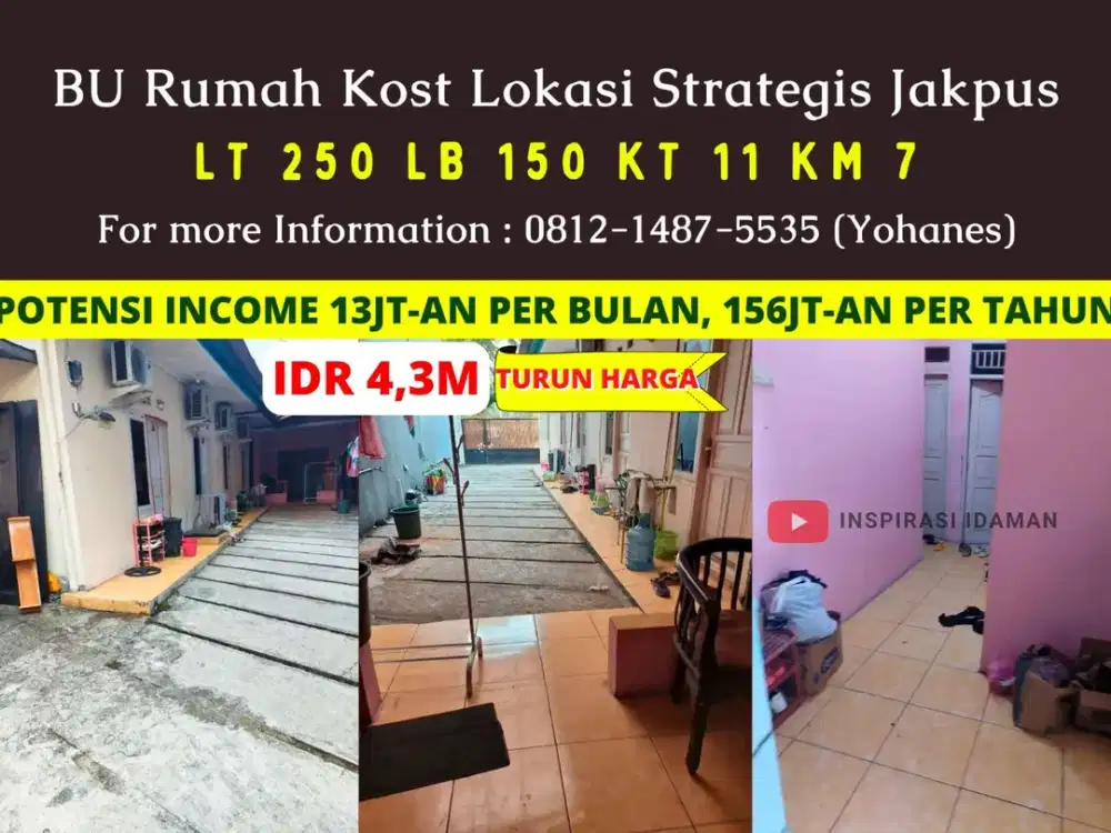BU Rumah Kost 11 Kamar Lokasi Strategis Tanah Abang Dekat Sudirman