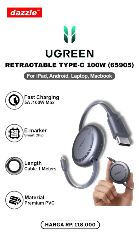 UGREEN RETRACHABLE TYPE C TO TYPE C 100W CABLE (65905)