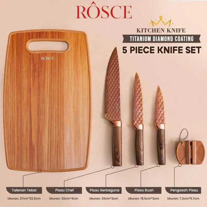 ROSCE PISAU SET 5PCS Terlengkap talenan pengasah pisau titanium