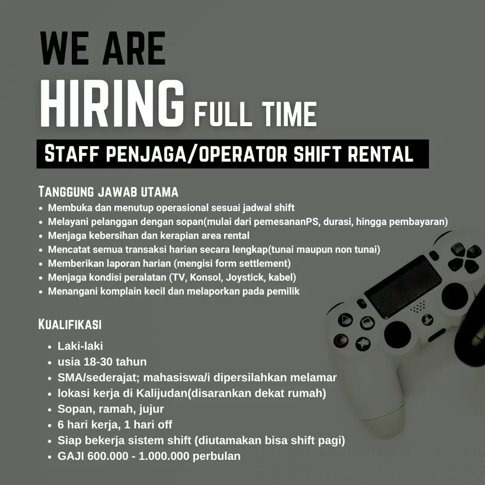 Penjaga/operator rental PS surabaya
