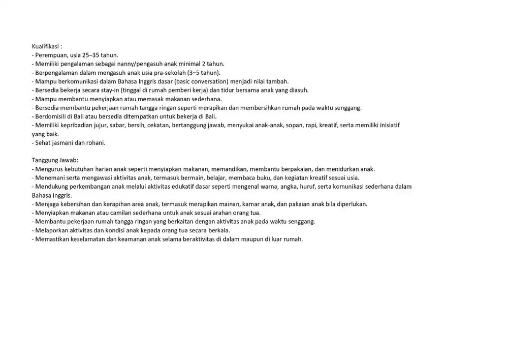 Lowongan Pekerjaan Pengasuh Anak
