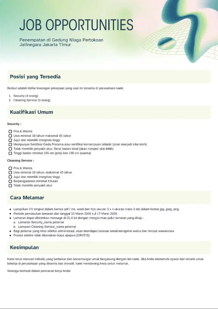 Lowongan Pekerjaan Security dan Cleaning Service
