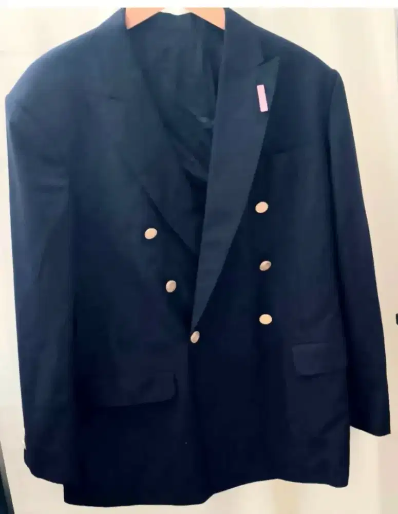 Navy blue double breasted blazer jas pria