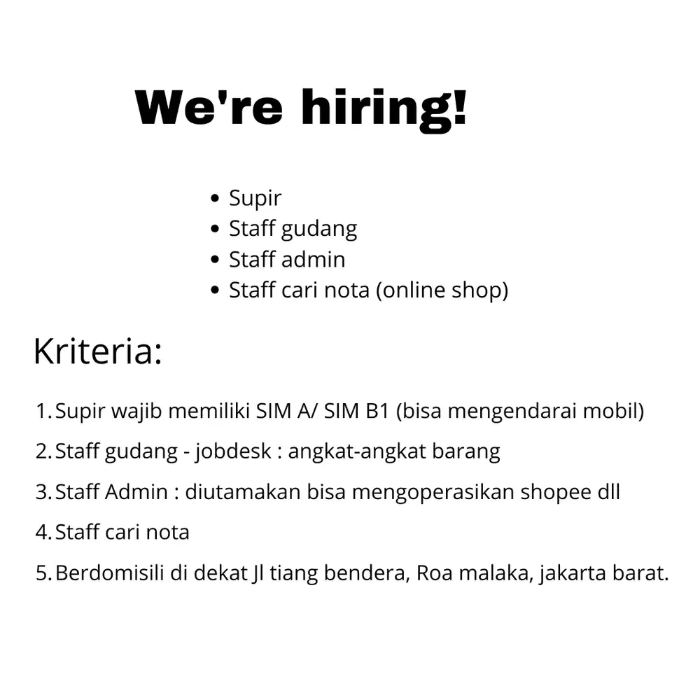 DIBUKA LOWONGAN ADMIN DAN STAFF GUDANG,STAFF NOTA