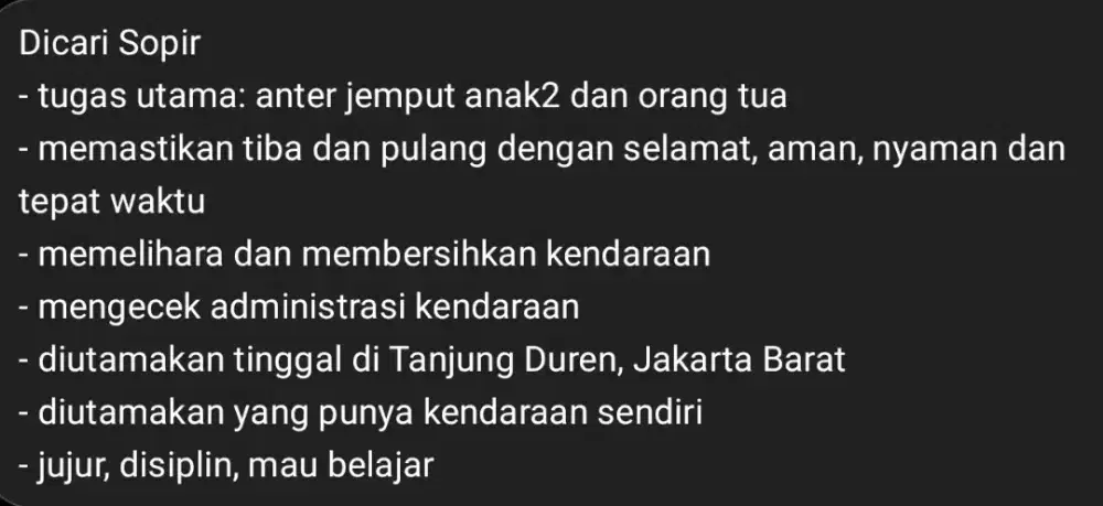 Dicari sopir anter jemput (nego)