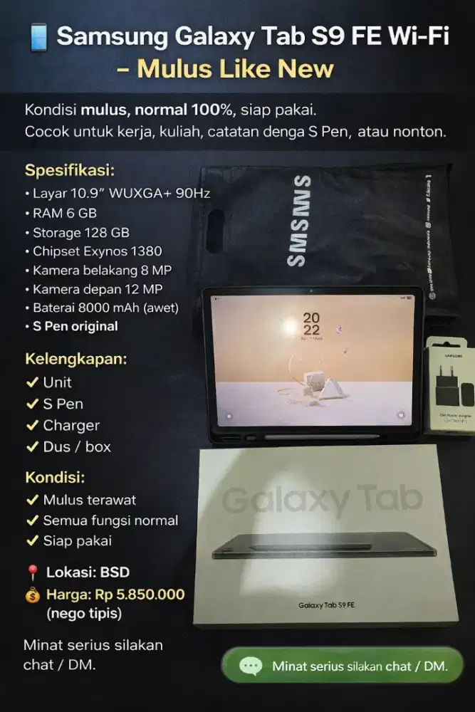 Dijual Tab S9 FE Wifi 128GB mulus