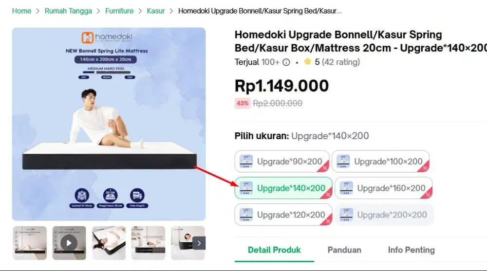 Spingbed bonnel Homedoki sleep 200x140x20cm pemakaian 1th