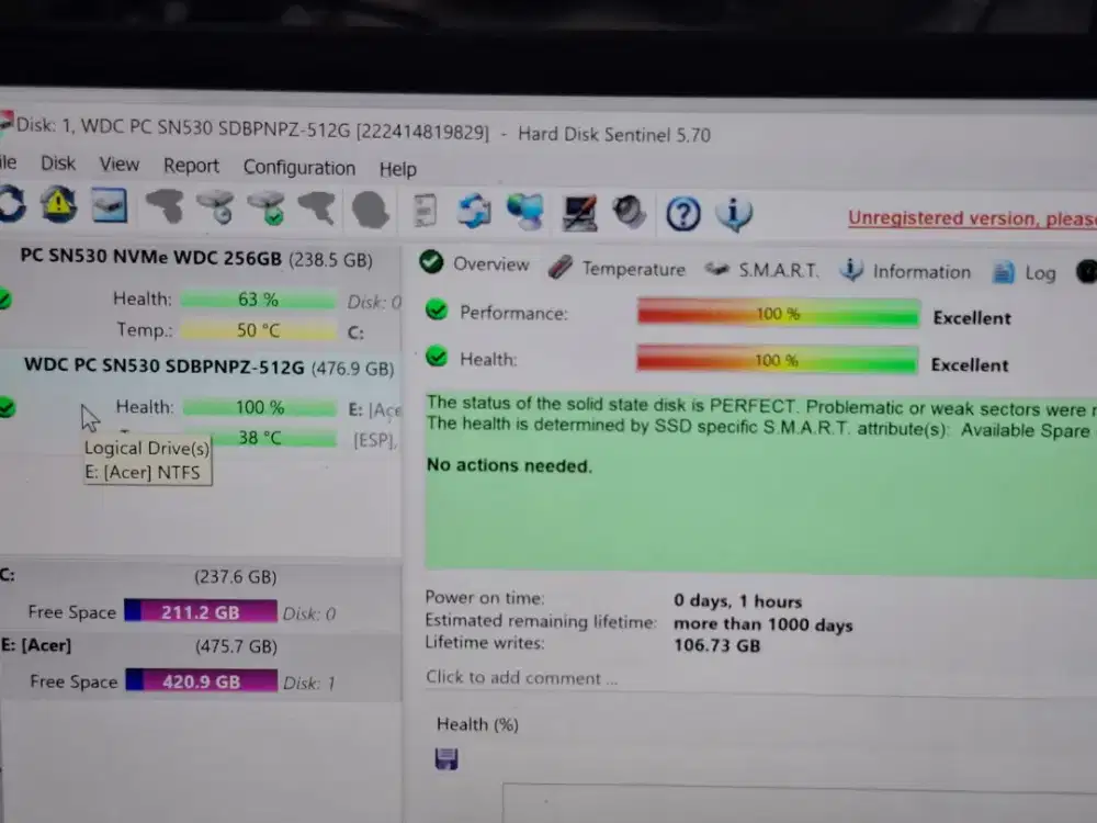 SSD 512gb nvme pcie gen 3 merk WD western digital (sentinel 100/100)