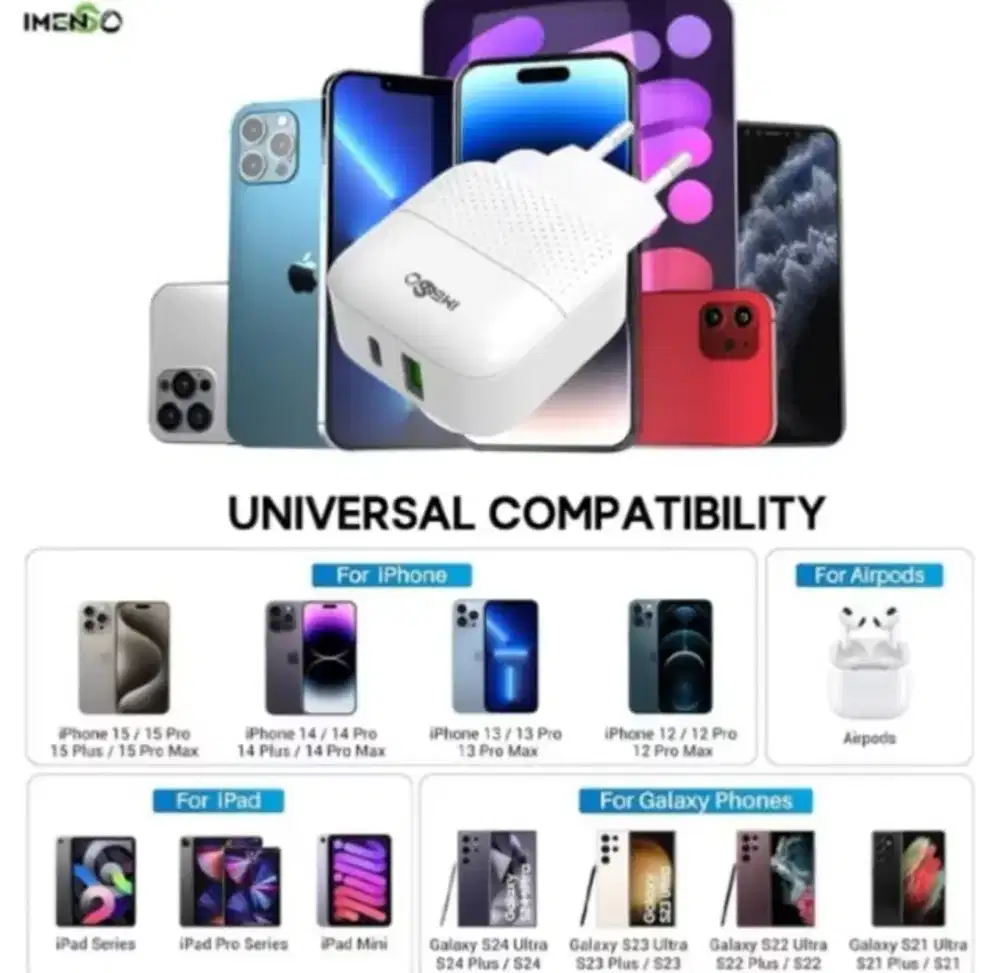 Charger IMENSO 20W FastCharging Dual Port:USB A+C PUTIH Segel New BNIB
