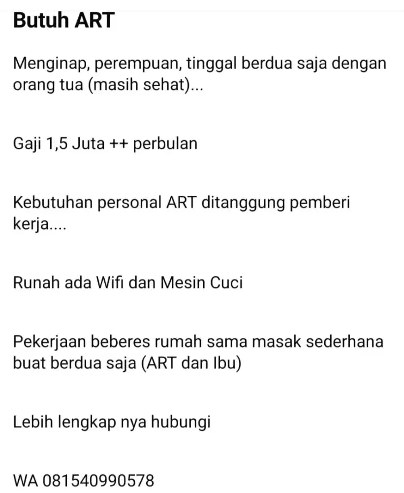 Butuh ART Menginap