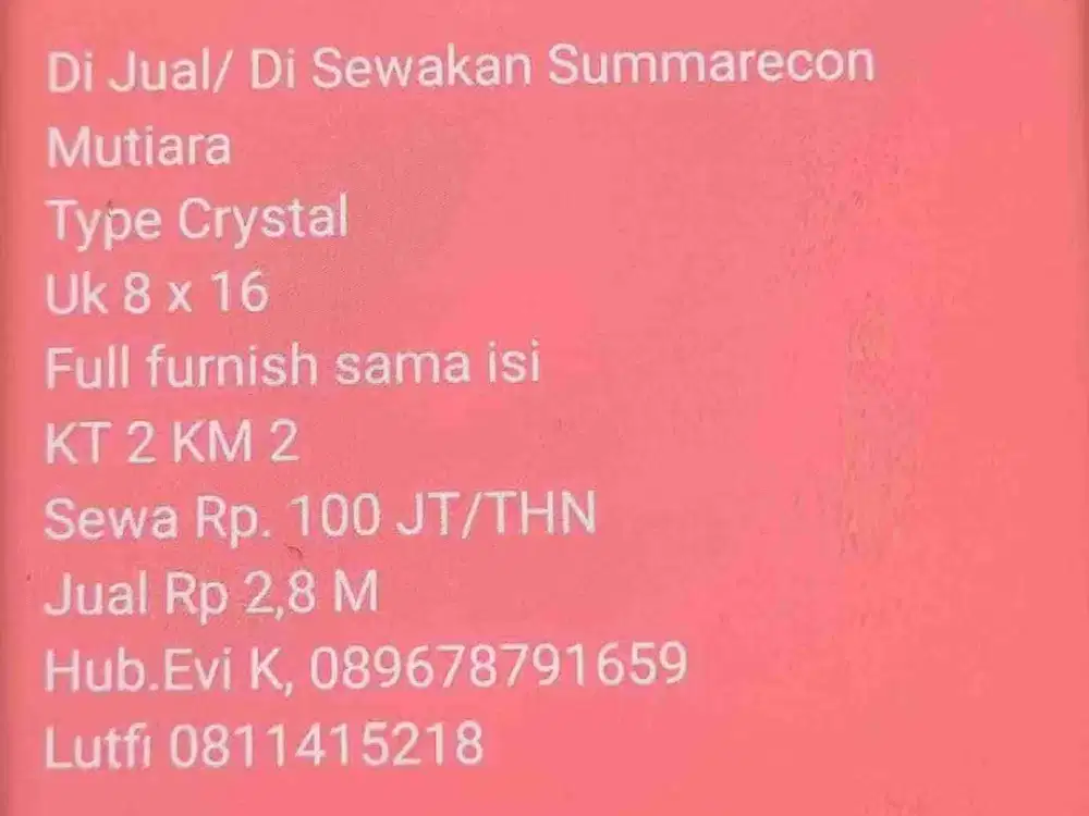 Dijual / Disewakan Rumah type Crystal Summarecon Makassar