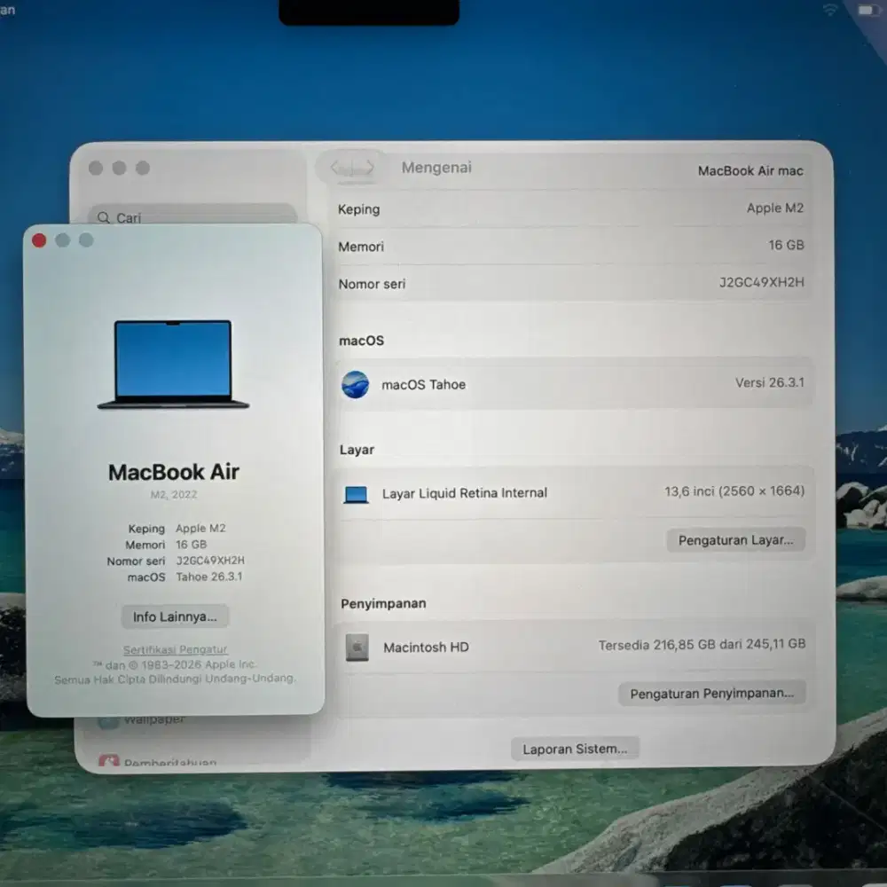 Macbook Air M2 13 Inch Ram 16 Ssd 256  lengkap full set Midnight blue