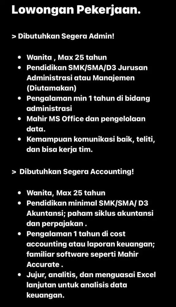 Dibutuhkan Segera Admin, Accounting, Telemarketing Dan Supir!