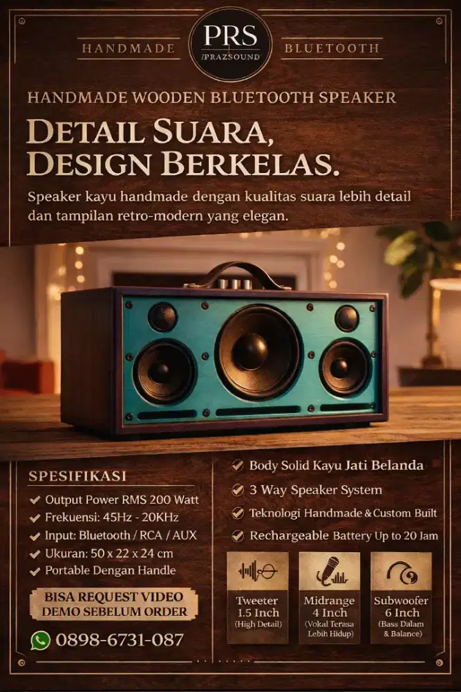 Speaker Bluetooth  3 Way Handmade-Kayu Solid-Suara Jernih Bass Kuat
