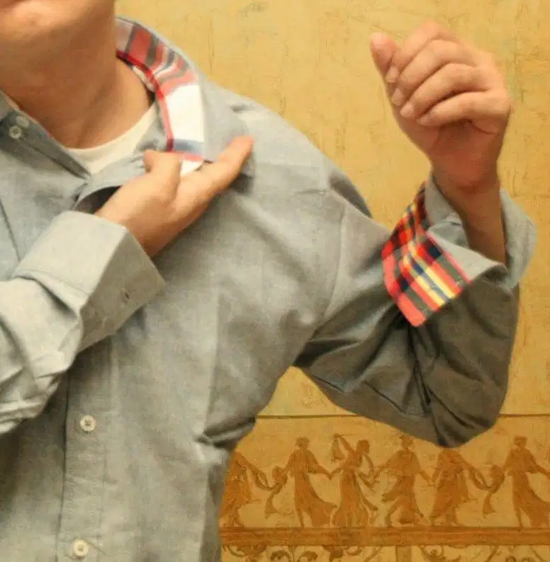 Kemeja Pria Lengan Panjang Import wrn abu kerah dlm motif garis merah