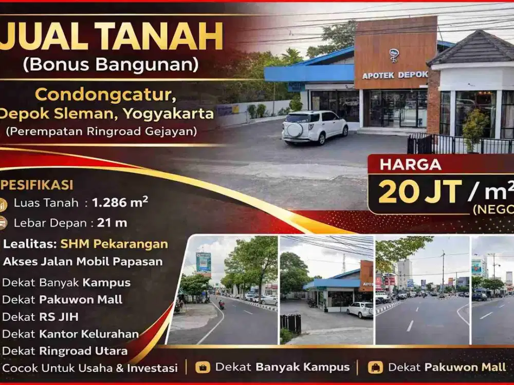 Tanah Strategis Perempatan Ringroad Gejayan Condongcatur – LT 1.286 m², SHM, Cocok Usaha / Investasi