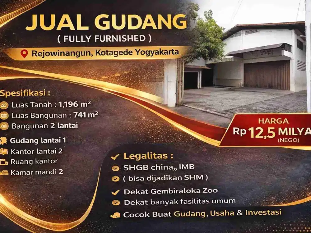Gudang + Kantor Strategis Kotagede Jogja – LT 1.196 m², Akses Jalan Raya, Cocok Usaha & Investasi