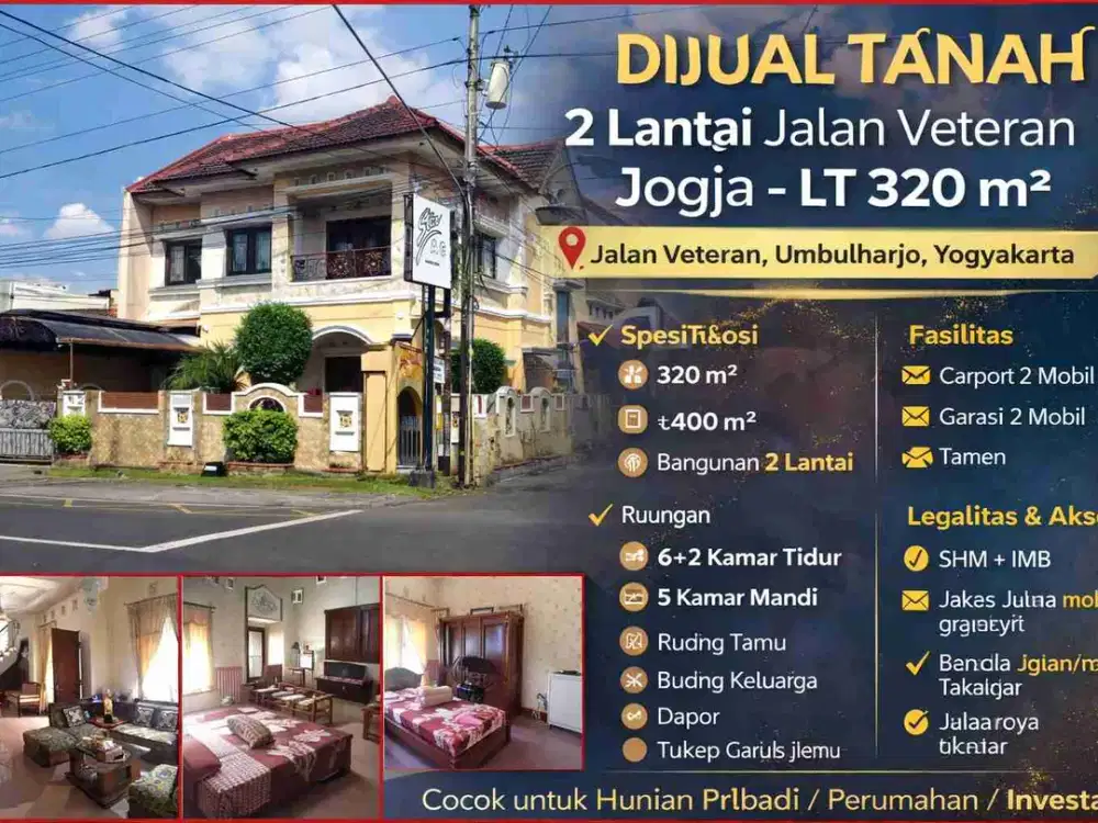 Rumah Besar 2 Lantai Jalan Veteran Jogja – LT 320 m², 6+2 Kamar, Lokasi Strategis Dekat Balaikota
