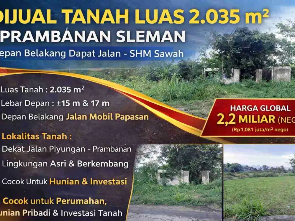 Tanah Luas 2.035 m² Prambanan Sleman – Depan Belakang Jalan, Cocok Perumahan & Investasi