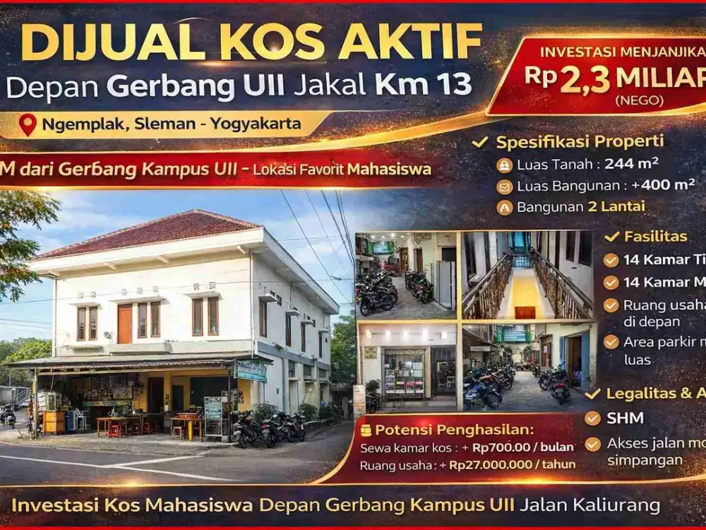 Kos Aktif Depan Gerbang UII Jakal Km 13 – 14 Kamar + Ruang Usaha, Investasi Menjanjikan