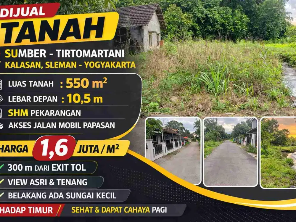 Tanah Strategis 550 m² Dekat Exit Tol Kalasan – View Asri Belakang Sungai, SHM Pekarangan