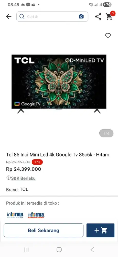 TCL 85 inci mini led 4k google tv 85c6k