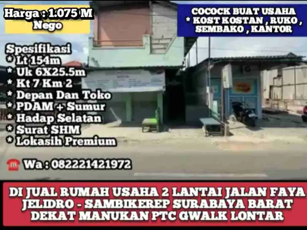 Di Jual Rumah Usaha 2 Lantai Raya Jelidro Sambikerep Surabaya Barat Dekat Manukan PTC Lontar